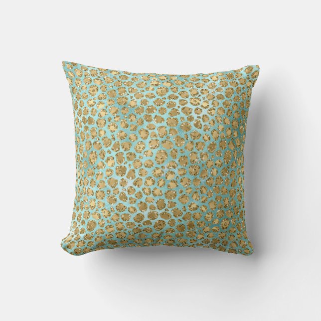 Aqua Mint Guld Glitz Glitter Leopard  Kudde (Framsida)