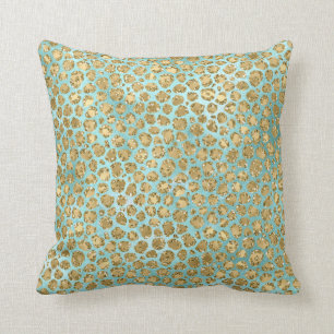 Aqua Mint Guld Glitz Glitter Leopard Kudde