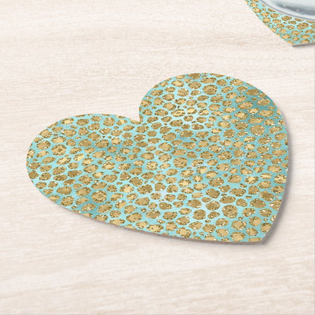 Aqua Mint Guld Glitz Glitter Leopard Underlägg Papper (Vinklad)