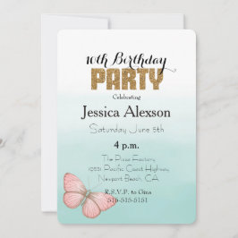 Aqua Mint Rosa Fjäril Guld Glitter Inbjudningar