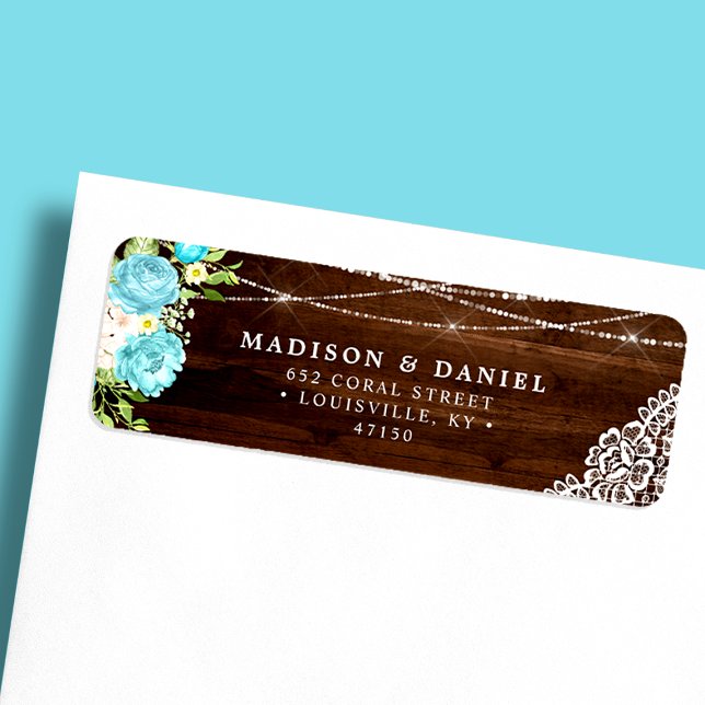 Aqua Mint Rustika Ljus i Trädgårdsslinga med Blomm Returadress Etikett (Skapare uppladdad)