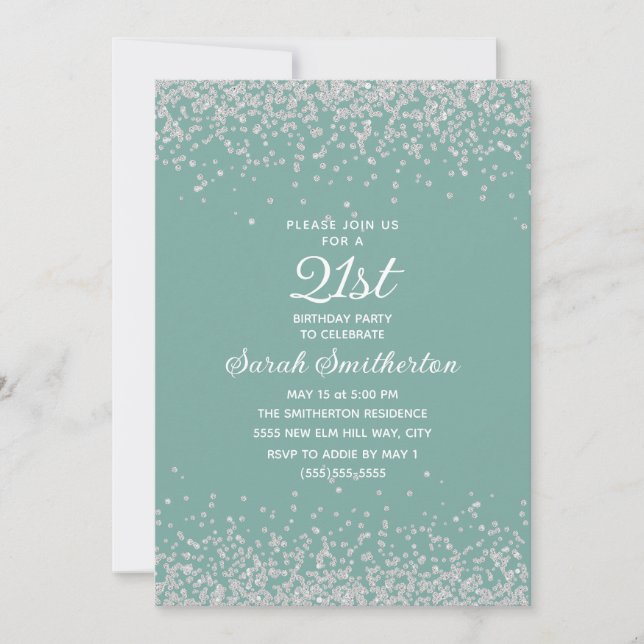 Aqua Mint Silver Diamant Glitter 21-årsfirande Inbjudningar (Framsida)