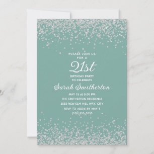 Aqua Mint Silver Diamant Glitter 21-årsfirande Inbjudningar