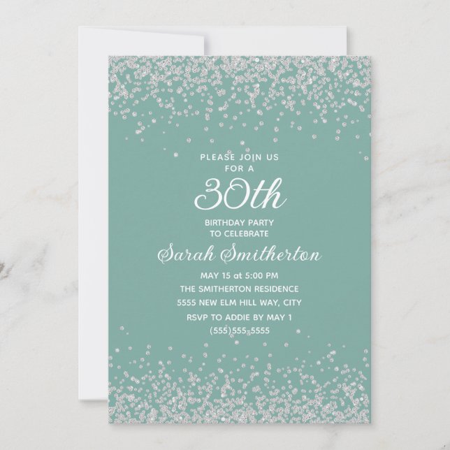 Aqua Mint Silver Diamant Glitter 30-årsfirande  Inbjudningar (Framsida)
