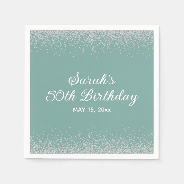 Aqua Mint Silver Diamant Glitter 50-årsfirande Pappersservett (Framsidan)