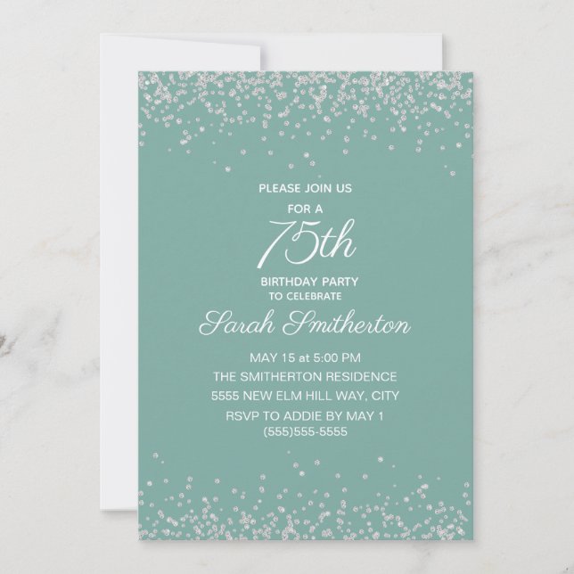 Aqua Mint Silver Diamant Glitter 75-årsfirande Inbjudningar (Framsida)