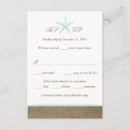 Aqua Mint Starfish Burlap Beach Wedding OSA kort