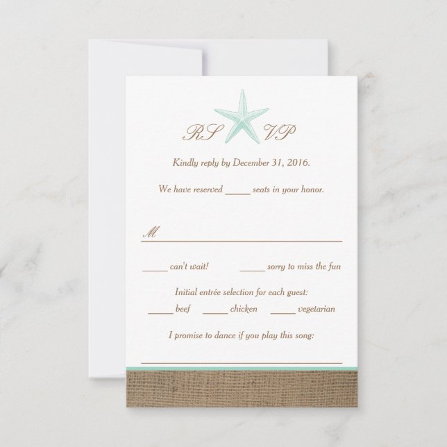 Aqua Mint Starfish Burlap Beach Wedding OSA kort (Framsida)