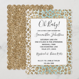 Aqua Mint White Guld Glam Glitter Leopard Inbjudningar