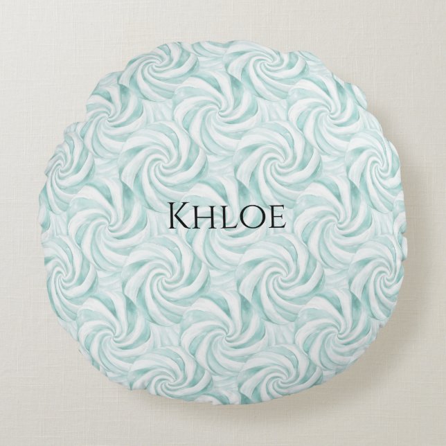Aqua Mint White Swirls jul Rund Kudde (Framsidan)