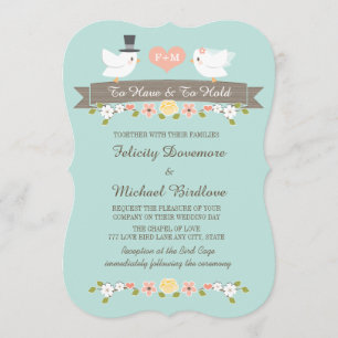 Aqua Monogram Love birds Dove Bröllopsinbjudan Inbjudningar