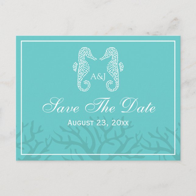 Aqua Monogram Sjöhäst Save The Date Postkort Meddelande Vykort (Framsida)