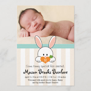 AQUA MONOGRAMMED BUNNY RABBIT-FÖDELSEMEDDELANDE MEDDELANDE