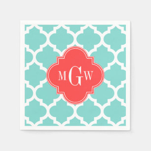 Aqua Moroccan #5 Coral Red 3 Initial Monogram Pappersservett
