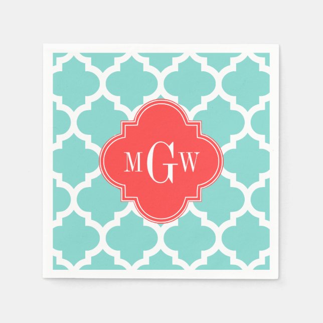 Aqua Moroccan #5 Coral Red 3 Initial Monogram Pappersservett (Framsidan)