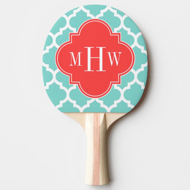 Aqua Moroccan #5 Coral Red 3 Initial Monogram Pingisracket (Framsidan)