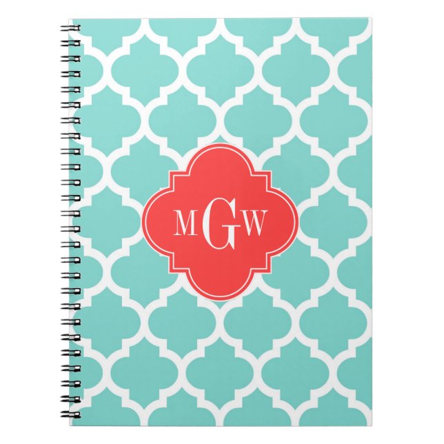 Aqua Moroccan #5 Coral Röd 3 Initial Monogramm Anteckningsbok (Framsidan)