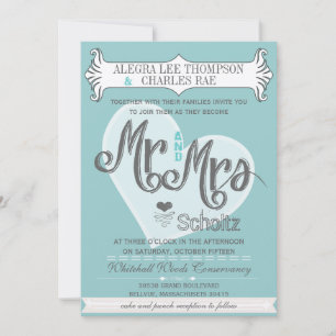 Aqua Mr. och Typography Bröllop Inbjudningar