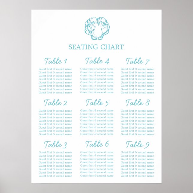 Aqua musselskal Bröllops sittplatsschema 1-9 Poster (Framsidan)