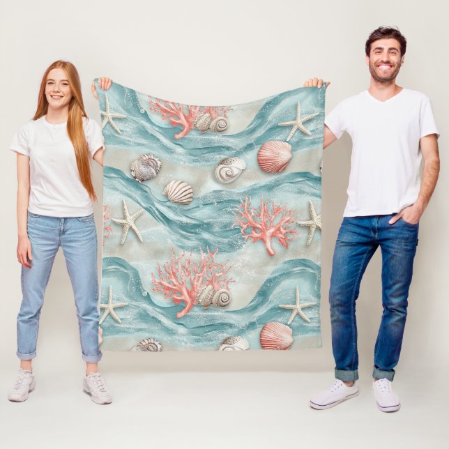 Aqua nautisk sjöstjärna snäckmönster fleecefilt (På plats)