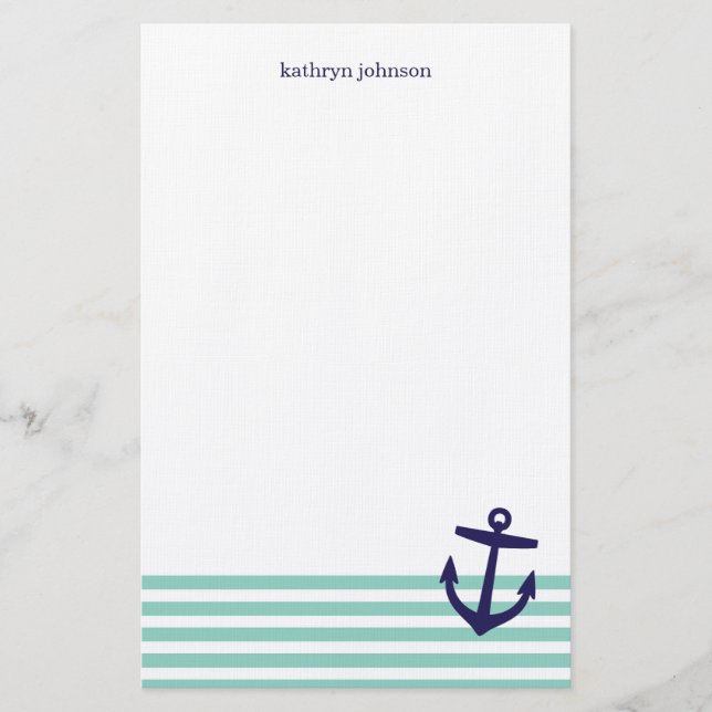 Aqua & Navy Blue Nautical Rand & Cute Anchor Brevpapper (Framsida)