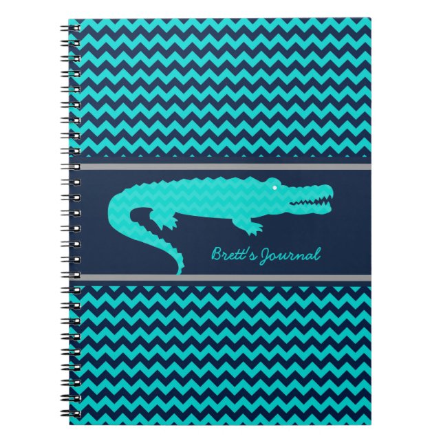 Aqua/Navy Gator on Chevron Personlig Notebook Anteckningsbok Med Spiral (Framsidan)