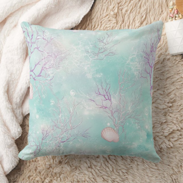 Aqua Ocean Waves & Seashell Pattern (16) Kudde (Filt)