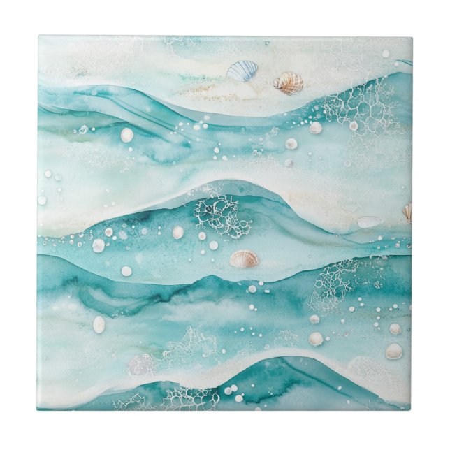 Aqua Ocean Waves & Seashell Pattern (5) Kakelplatta (Framsidan)