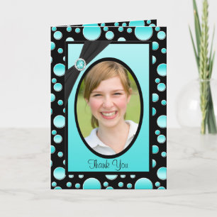 Aqua och Black Polka Dot Tack för ditt kort med Ph