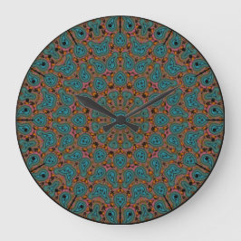 Aqua och Brown Boho Paisley Kaleidoscope Stor Klocka