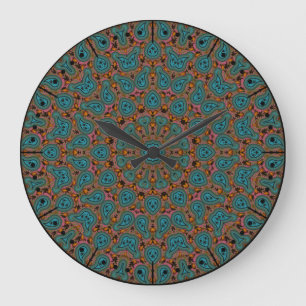 Aqua och Brown Boho Paisley Kaleidoscope Stor Klocka