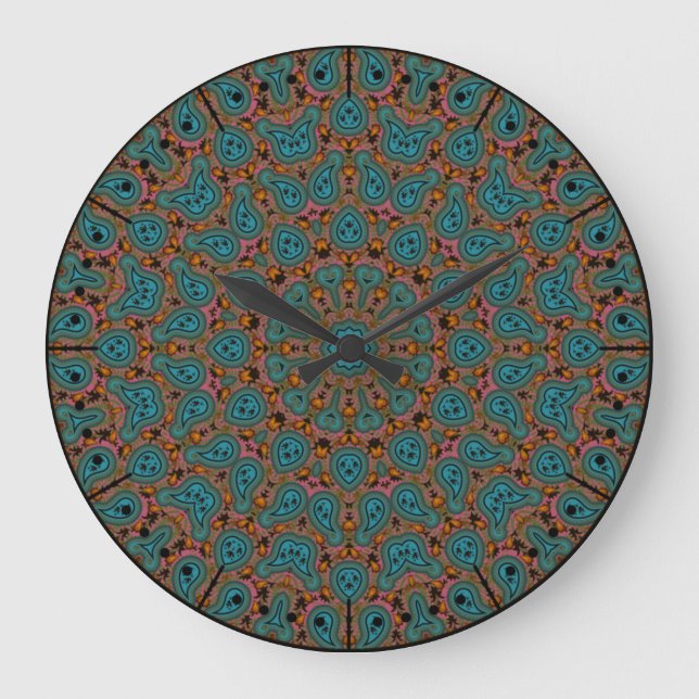 Aqua och Brown Boho Paisley Kaleidoscope Stor Klocka (Framsida)