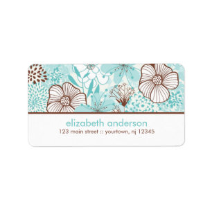 Aqua- och bruntblommigt adressetikett