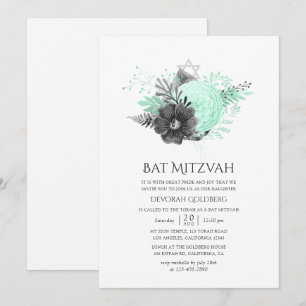 Aqua och Charcoal Blommig Rustik Bar Mitzvah Inbjudningar