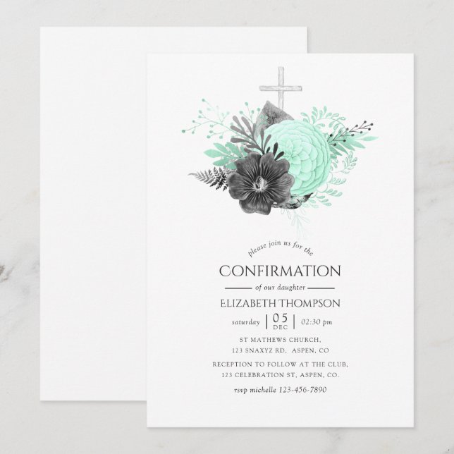 Aqua och Charcoal Blommig Rustik Konfirmation Inbjudningar (Fram/baksida)
