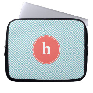 Aqua och Coral Grekiska Nyckel Monogram Laptop Sleeve