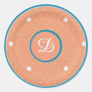 Aqua och Coral Monogram Stickers Runt Klistermärke