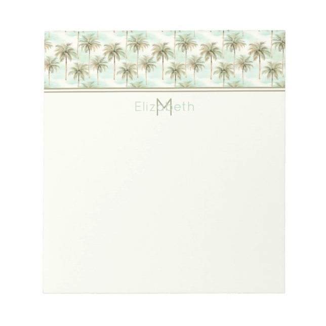 Aqua och Cream Tropical Handflatan Träd Monogram Anteckningsblock (Framsida)