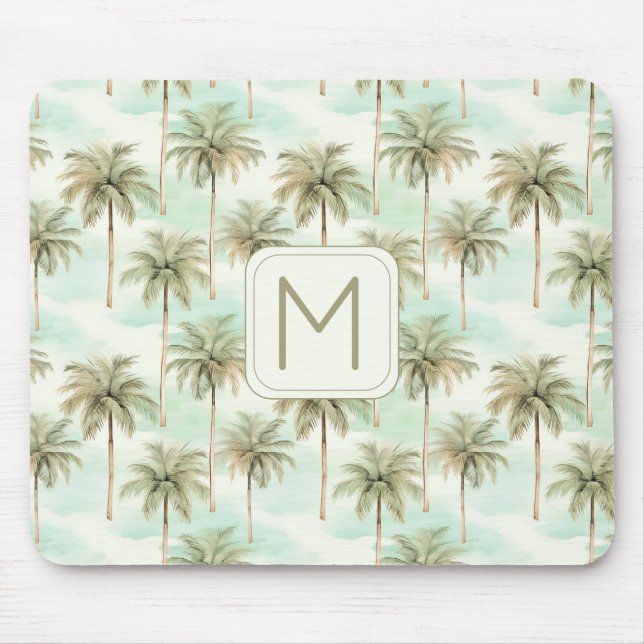 Aqua och Cream Tropical Handflatan Träd Monogram Musmatta (Framsidan)