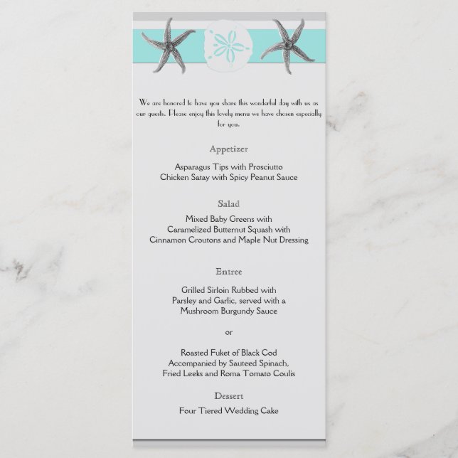 Aqua och Grått Band Starfish Bröllop Menu Meny (Framsida)