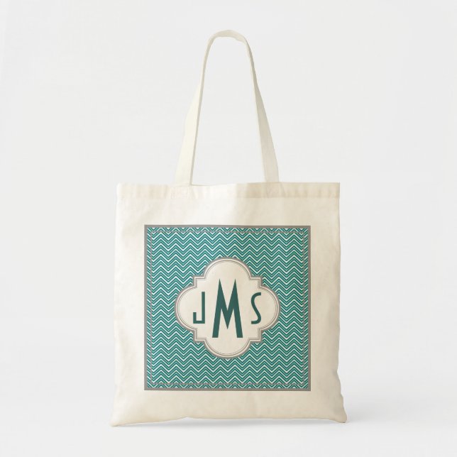 Aqua och Grått Chevron Monogram Bag Tygkasse (Framsidan)