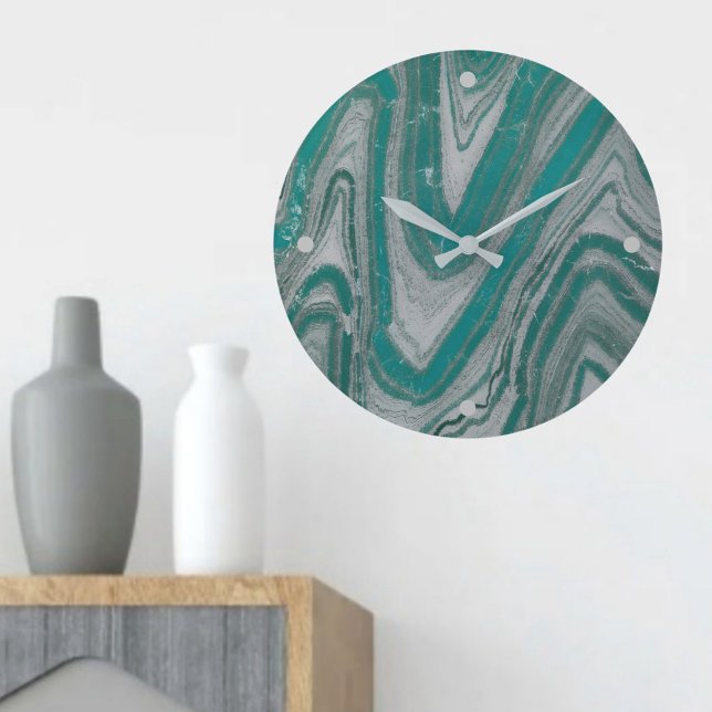 Aqua och Grått Vågigt Faux Sandstone Wall Clock Stor Klocka (Skapare uppladdad)