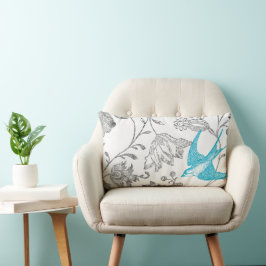 Aqua och Grått Vintage Modern Blommigt Bird Mönste Lumbarkudde