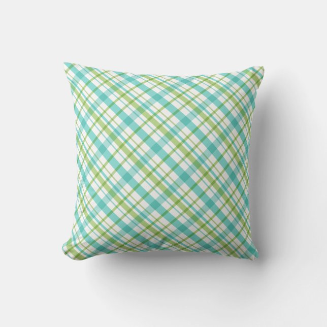 Aqua och Grönt Plaid Mönster Kudde (Framsida)