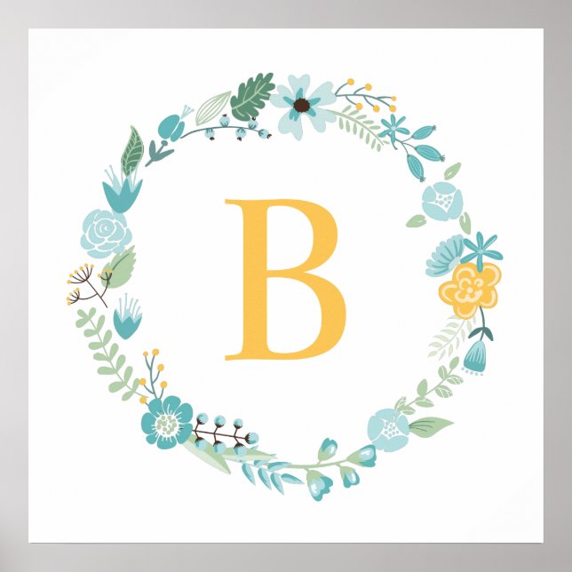 Aqua och gul monogram blomsterkrans poster (Framsidan)