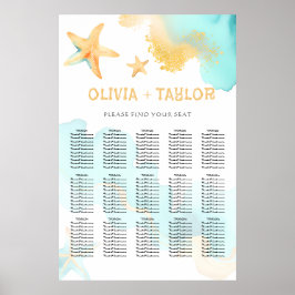 Aqua Och Guld Akvarell Strandig Sjöstjärna Bröllop Poster