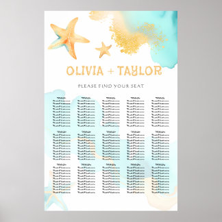 Aqua Och Guld Akvarell Strandig Sjöstjärna Bröllop Poster
