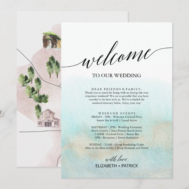 Aqua och Guld Beach Välkommen Brev Itinerary & Kar (Fram/baksida)