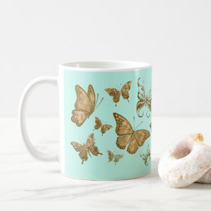 Aqua och guld fjäril kaffemugg