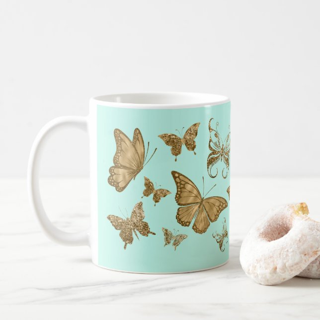 Aqua och guld fjäril kaffemugg (Med munk)